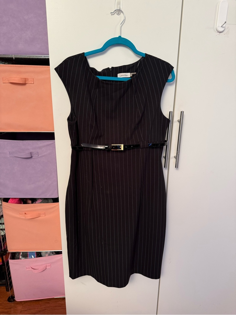 Calvin Klein Black Pinstripe Sheath Dress with Patent Belt Accent